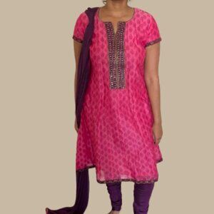 Pink Purple Indian Block Print churidar kurti Set Cotton Silk party wedding desi